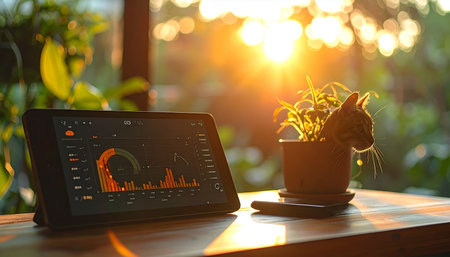 A tranquil home office scene where technology and nature coexist. A tablet displays financial data on a wooden desk while a cat enjoys the warm glow of the rising sun next to a houseplant, embodying a perfect work-life balance.の素材