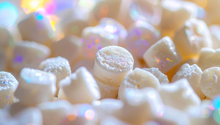 A detailed macro photograph captures a pile of pure white polymer granules. The soft, iridescent lighting and shallow depth of field create a beautiful bokeh effect, symbolizing innovation, scientific research, and the foundational materials for future technology and manufacturing.の素材