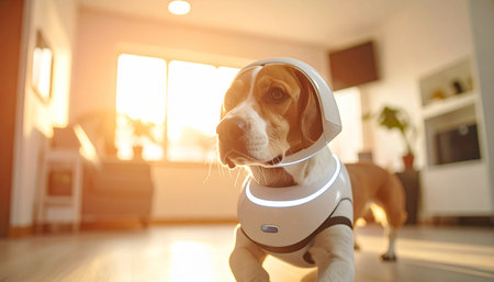 A curious beagle stands ready for a new adventure, dressed in a futuristic high-tech suit with a glowing collar. Bathed in the warm glow of morning sunlight in a modern home, this image represents the future of pet care, technology, and exploration.の素材