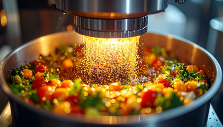 In a state-of-the-art facility, a precision machine showers a vibrant mix of fresh, chopped vegetables with a glowing, scientifically formulated seasoning. This image captures the intersection of culinary arts and advanced technology, symbolizing the future of food production and innovation.の素材
