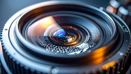 A macro view captures the intricate details of a professional camera lens. Warm and cool light reflects off the pristine glass, highlighting the advanced optics and precision engineering within. This image symbolizes clarity, vision, and the art of capturing the perfect moment.の素材