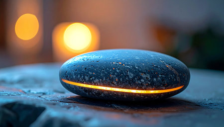 A smooth, mysterious stone rests on a cool surface, emitting a warm, luminous glow from within. In the soft-focus background, ambient lights create a tranquil and futuristic atmosphere, suggesting a blend of ancient nature and advanced technology, a perfect metaphor for innovation, energy, and serene discovery.の素材