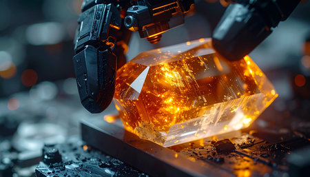 In a futuristic laboratory, a robotic hand with precision fingers delicately inspects a luminous orange crystal. This powerful energy source, resting on a complex circuit board, represents a breakthrough in artificial intelligence and advanced technology.の素材