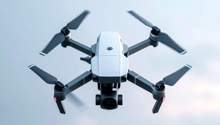 A state-of-the-art quadcopter drone hovers silently against a clean, minimalist background. Equipped with a high-resolution camera, it represents the future of aerial photography, surveillance, and autonomous delivery, embodying innovation and a new perspective on the world.の素材