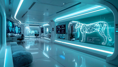 Step into a vision of tomorrows living space, where cutting-edge technology and minimalist design converge. A stunning holographic cheetah, glowing with vibrant neon light, prowls silently within its digital enclosure, serving as both a dynamic art piece and a symbol of advanced innovation.の素材