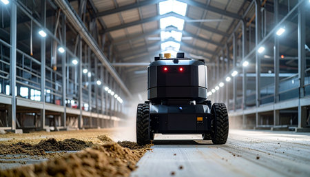 An autonomous agricultural robot works tirelessly in a modern, well-lit barn, efficiently cleaning the aisles. This image captures the intersection of advanced technology and farming, symbolizing the future of smart agriculture, automation, and sustainable food production.の素材