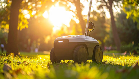 As the golden hour sun casts a warm glow across the perfectly manicured lawn, an autonomous robotic mower works quietly and efficiently. This image represents the future of smart home technology, where daily chores are handled with effortless precision, allowing for more time to enjoy peaceful moments in the garden.の素材