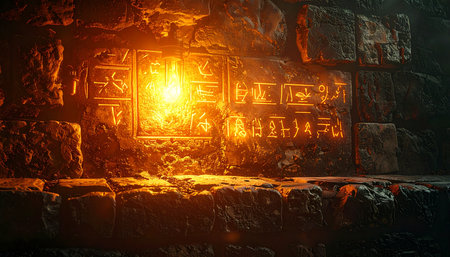A brilliant, sacred light bursts forth from ancient stone carvings deep within a forgotten tomb. The warm glow illuminates mysterious hieroglyphs, revealing secrets of a lost civilization and hinting at a powerful magic or hidden treasure waiting to be discovered.の素材