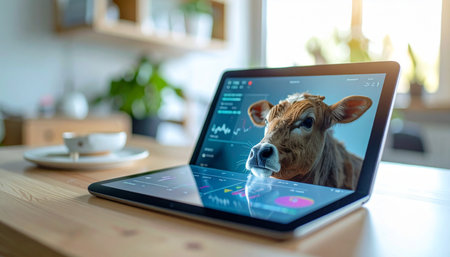 In a modern home office setting, a laptop showcases the intersection of nature and technology. A cows face appears on screen, part of a sophisticated livestock monitoring software, symbolizing innovation in agritech and the future of sustainable farming.の素材