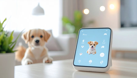 In a bright, modern home, a fluffy puppy looks on as its digital avatar is displayed on a smart home device. This scene represents the future of pet care, showcasing how AI and IoT technology can help owners stay connected and monitor their beloved companions.の素材