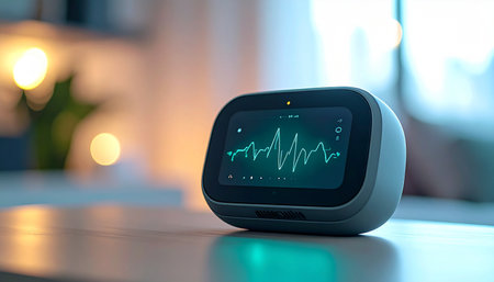 In a softly lit room, a modern smart display sits on a desk, its screen glowing with a dynamic waveform. This intelligent device visualizes data, perhaps analyzing ambient sound or tracking sleep patterns, representing the seamless integration of technology into a connected and convenient modern lifestyle.の素材