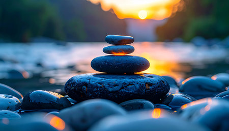 A stack of smooth stones stands in perfect balance in the gentle current of a river. The warm glow of a setting sun reflects on the waters surface, creating a serene and meditative atmosphere perfect for concepts of mindfulness, stability, and inner peace.の素材