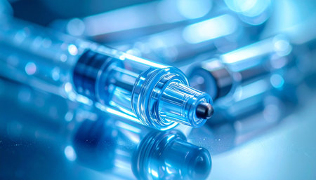 In a sterile, blue-lit laboratory, a row of pre-filled syringes lies ready, reflecting the promise of a new medical breakthrough. This image captures a moment of scientific precision and hope, symbolizing the future of healthcare, vaccination, and advanced therapeutic treatments.の素材