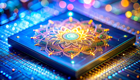 A vibrant, glowing mandala blossoms on the surface of a powerful CPU, symbolizing the intersection of advanced technology and spiritual consciousness. This image represents the dawn of creative AI, quantum computing breakthroughs, and the beautiful complexity of the digital soul, set against a backdrop of illuminated circuitry.の素材