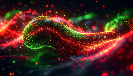 A dynamic stream of red and green luminous particles flows through the darkness, creating a sense of vibrant energy and digital motion. This abstract background visualizes concepts like data transfer, cosmic energy, or a magical, festive celebration, perfect for technology or holiday themes.の素材