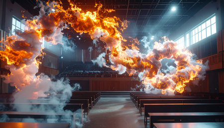 A powerful, supernatural force erupts in a wave of fire and smoke, swirling violently through the solemn, empty pews of a grand hall. The chaotic energy contrasts with the sacred silence of the space, creating a dramatic and apocalyptic scene of conflict between unseen powers.の素材