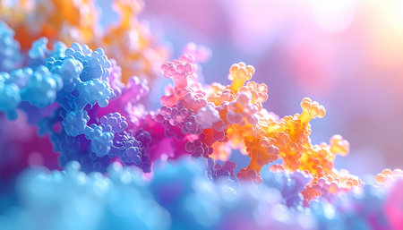 A microscopic view reveals an intricate landscape of vibrant, pastel-colored crystal formations. Bathed in a soft, ethereal glow, this abstract structure evokes a sense of wonder, growth, and the hidden beauty of the natural or digital world.の素材