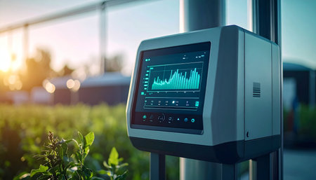 In a state-of-the-art vertical farm, a smart monitoring system displays real-time data on crop health and growth. This fusion of nature and technology represents the future of sustainable agriculture, where data-driven decisions lead to greater efficiency.の素材