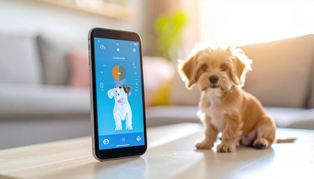 In a sunlit, modern living room, an adorable fluffy puppy sits patiently beside a smartphone. The phones screen displays a vibrant pet care application, illustrating the future of pet ownership where technology and companionship seamlessly merge.の素材