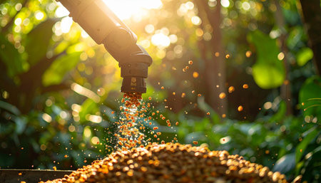 In the golden light of dawn, a farmers gloved hand carefully sifts through a fresh harvest of coffee beans. The morning sun illuminates each bean, highlighting the meticulous process of quality control on a lush plantation.の素材