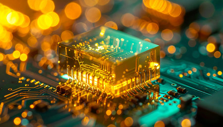 A powerful microprocessor glows with vibrant orange and teal light, symbolizing the immense processing power of artificial intelligence. This close-up on a circuit board represents the future of technology, data transfer, and digital innovation, set against a beautiful bokeh background.の素材