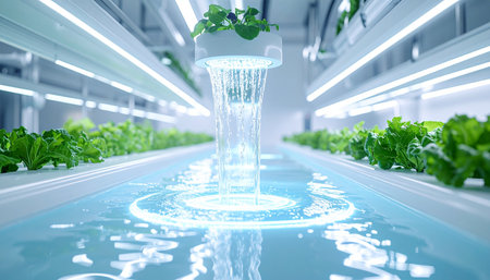 A serene, futuristic vision of agriculture unfolds in a high-tech hydroponics facility. A central, illuminated water feature symbolizes the purity and innovation driving the future of sustainable food, promising a healthier planet.の素材