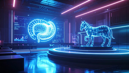 In a state-of-the-art laboratory bathed in neon light, a digital hologram of a horse stands as a testament to advancements in veterinary science and artificial intelligence. On a screen behind it, a complex neural map glows, symbolizing the fusion of biology and technology.の素材