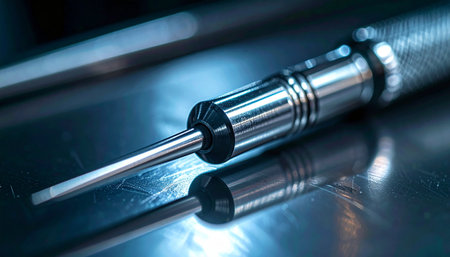 A close-up of a modern tattoo pen rests on a sterile, reflective surface, its sharp needle gleaming under cool, clinical light. This image captures the precision, technology, and artistry of the tattoo industry, symbolizing the moment of preparation before creating permanent art on skin.の素材