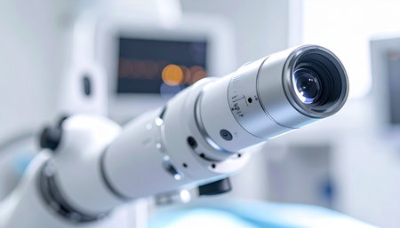 In a pristine, brightly lit operating room, a state-of-the-art surgical microscope stands ready. Its powerful lens, the centerpiece of medical innovation, is poised to provide unparalleled precision for a delicate ophthalmic procedure, promising a future of clearer vision.の素材