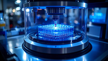 In a state-of-the-art facility, a precision laser meticulously builds a complex component layer by layer. The vibrant blue glow illuminates the future of manufacturing, showcasing a fusion of automation, innovation, and advanced engineering.の素材