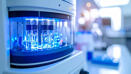 Inside a state-of-the-art research facility, an automated chromatography system glows with a cool blue light. Vials containing crucial samples are precisely analyzed, representing a step forward in scientific discovery, pharmaceutical development, and the future of medicine.の素材