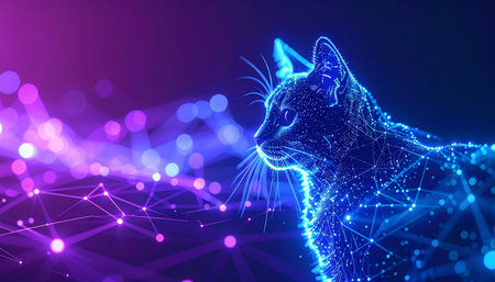 A digital feline avatar, an embodiment of artificial intelligence, gazes across a vibrant metaverse. Its form, a constellation of glowing data points and network connections, symbolizes the future of technology, virtual reality, and the seamless integration of life into cyberspace.の素材