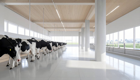In a state-of-the-art dairy facility, a line of Holstein cows stands in a pristine, light-filled environment. This image represents the future of agriculture, where technology, cleanliness, and animal welfare converge for sustainable food production.の素材