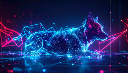 A loyal canine companion is reimagined in a futuristic digital landscape. Composed of glowing data points and interconnected lines, this AI dog represents concepts of advanced technology, cybersecurity, and the future of virtual companionship.の素材