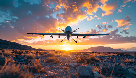 An advanced military drone stands ready for a mission, silhouetted against a dramatic and fiery sunset over a remote desert landscape. This image captures the intersection of modern warfare technology, surveillance, and the stark beauty of nature, symbolizing power, precision, and the future of defense.の素材