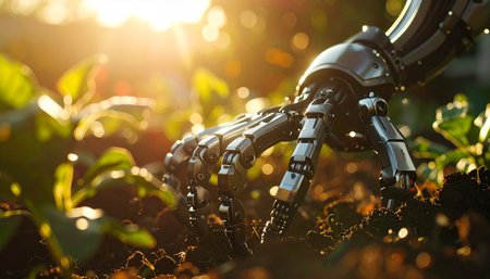 In the warm glow of a setting sun, a sophisticated robotic hand gently makes contact with the natural world. This image symbolizes a future of harmony between technology and nature, representing concepts of sustainable innovation, environmental research, and the gentle integration of artificial intelligence into our ecosystem.の素材