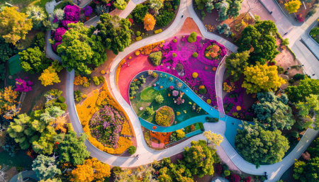 An aerial perspective reveals a public park transformed into a living kaleidoscope. Winding paths meander through bursts of surreal color, creating an abstract wonderland that invites exploration and sparks the imagination. This is a vision of urban nature designed for joy and escape.の素材