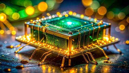 At the heart of a complex system, a powerful new processor glows with vibrant green energy. This macro view captures the intricate details of next-generation technology, symbolizing a breakthrough in artificial intelligence and quantum computing.の素材