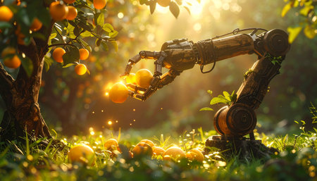 In a sun-drenched orchard bathed in a warm, golden glow, a sophisticated robotic arm gently plucks a perfect, ripe orange. This scene represents the harmonious fusion of advanced technology and organic nature, symbolizing a future where automation and AI support sustainable, precision agriculture for a bountiful harvest.の素材