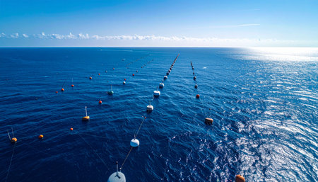 From an aerial perspective, a long, orderly line of oceanographic research buoys stretches towards the horizon on the vast, deep blue sea. Each buoy acts as a silent sentinel, collecting vital data on currents, temperature, and marine life, contributing to our understanding of the planets climate and ecosystems.の素材