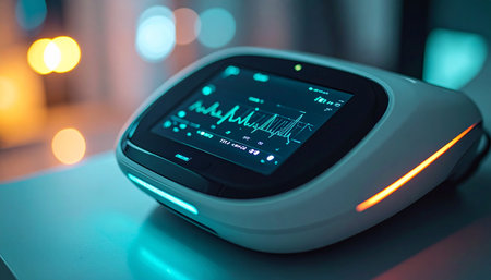 In a quiet, advanced medical facility, a state-of-the-art vital signs monitor glows, displaying a steady heartbeat. The device represents the pinnacle of healthcare innovation, offering precise data and a beacon of hope for patient care and recovery in the digital age.の素材