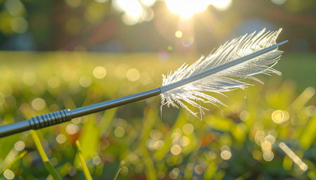 An arrows fletching catches the last rays of a golden sunset, creating a beautiful flare in a peaceful, grassy field. This image symbolizes focus, direction, and the pursuit of goals with precision and hope.の素材