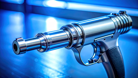 A glimpse into the future of personal defense, this advanced laser pistol concept rests on a reflective surface, bathed in cool blue light. Its sleek, chrome design suggests cutting-edge technology and power, perfect for sci-fi, cyberpunk, or video game themes.の素材