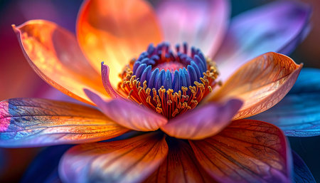 A stunning macro view captures the heart of a flower bathed in an otherworldly, iridescent glow. The vibrant orange, purple, and blue petals unfold like a cosmic nebula, symbolizing creativity, fantasy, and the beauty of the surreal.の素材