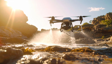 A high-tech drone hovers just above a rushing river, its propellers kicking up a fine mist into the golden light of sunrise. Its on a mission of exploration or environmental monitoring, showcasing the powerful intersection of modern technology and the untamed wilderness.の素材