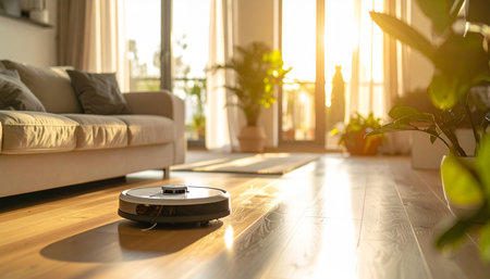 As the morning sun streams into a beautifully decorated living room, a robotic vacuum cleaner glides silently across the polished hardwood floor. This smart home device handles the daily chores, representing a future of effortless housekeeping, automation, and modern convenience.の素材