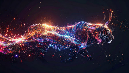 A majestic tiger composed of cosmic particles and vibrant light streaks across a dark void. This abstract representation captures the concepts of raw power, digital speed, and the untamed energy of innovation in motion.の素材