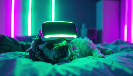 A fluffy dog peacefully rests on a bed, completely immersed in a virtual world through a glowing VR headset. The room is bathed in the futuristic glow of green and purple neon lights, creating a surreal scene that blends pet comfort with cutting-edge technology.の素材