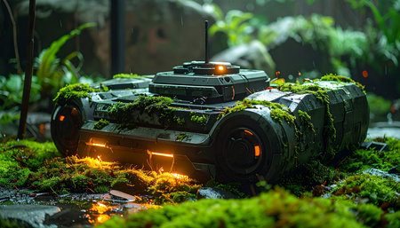 Deep within a forgotten rainforest, an ancient and futuristic drone lies dormant, slowly being reclaimed by nature. Its glowing orange lights hint at a mysterious power source still active within the moss-covered armor, a silent testament to a lost technological era waiting to be rediscovered.の素材