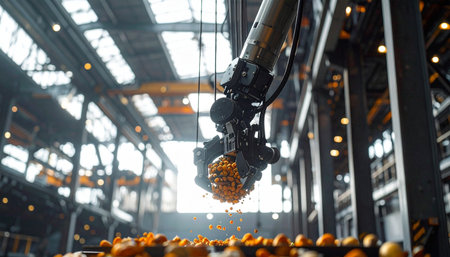 In the heart of a bustling smart factory, a high-precision robotic arm operates with flawless efficiency. Bathed in the ambient light of the vast industrial hall, it meticulously sorts fresh produce along an automated production line, symbolizing the future of food processing and advanced manufacturing technology.の素材